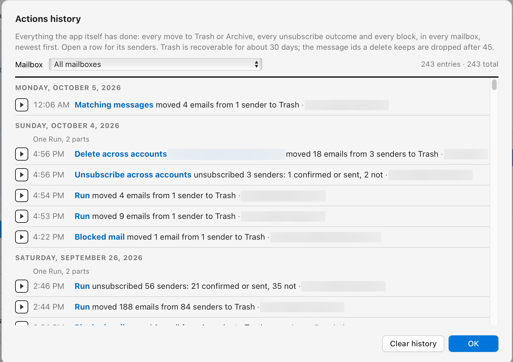 The Inbox Triage Actions history window: every move to Trash, every unsubscribe outcome and every block, grouped by date, newest first, with a mailbox selector and a Clear history button.