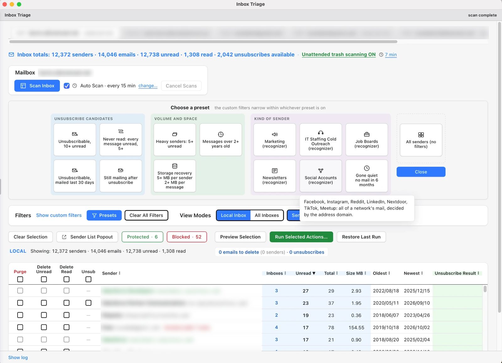 The Inbox Triage window: inbox totals across connected accounts, a Scan Inbox button, preset tiles grouped as Unsubscribe candidates, Volume and space, and Kind of sender, and a table of senders ranked by unread count with delete, unsubscribe and size columns.
