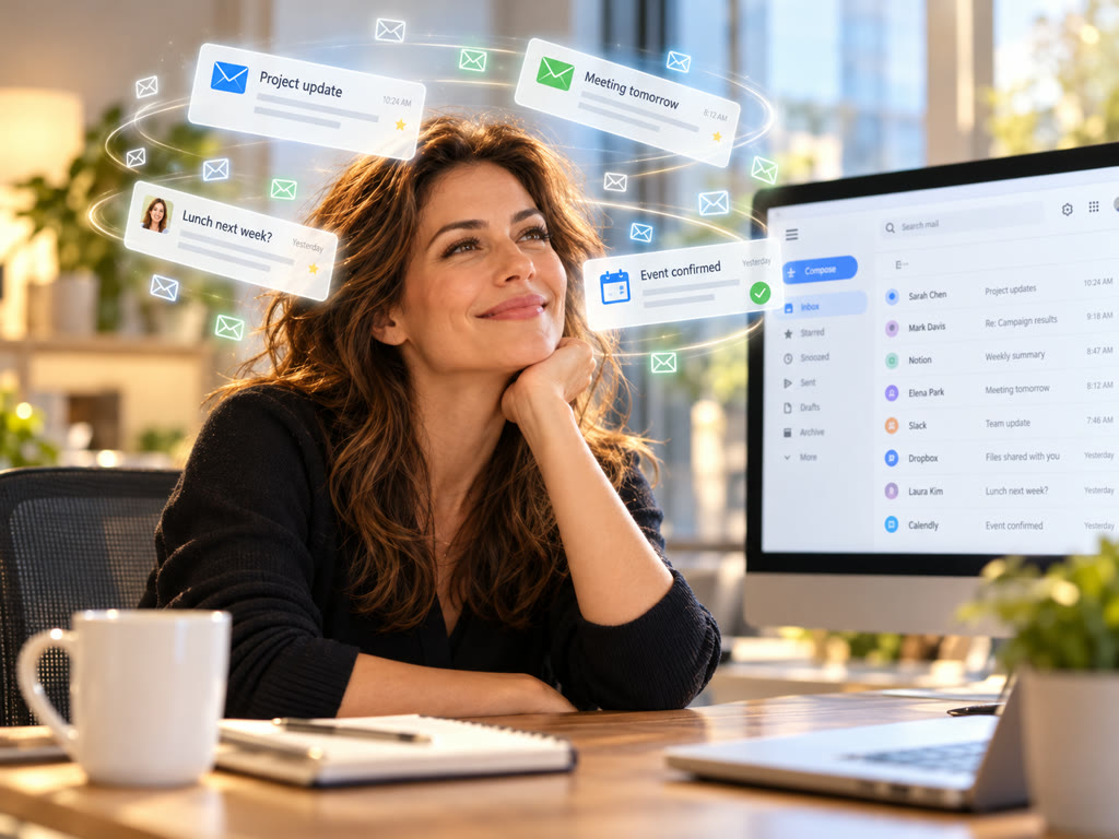 The same woman smiling and relaxed, with just a few meaningful emails floating around her, such as a project update and a meeting reminder, and a clean inbox on her monitor.