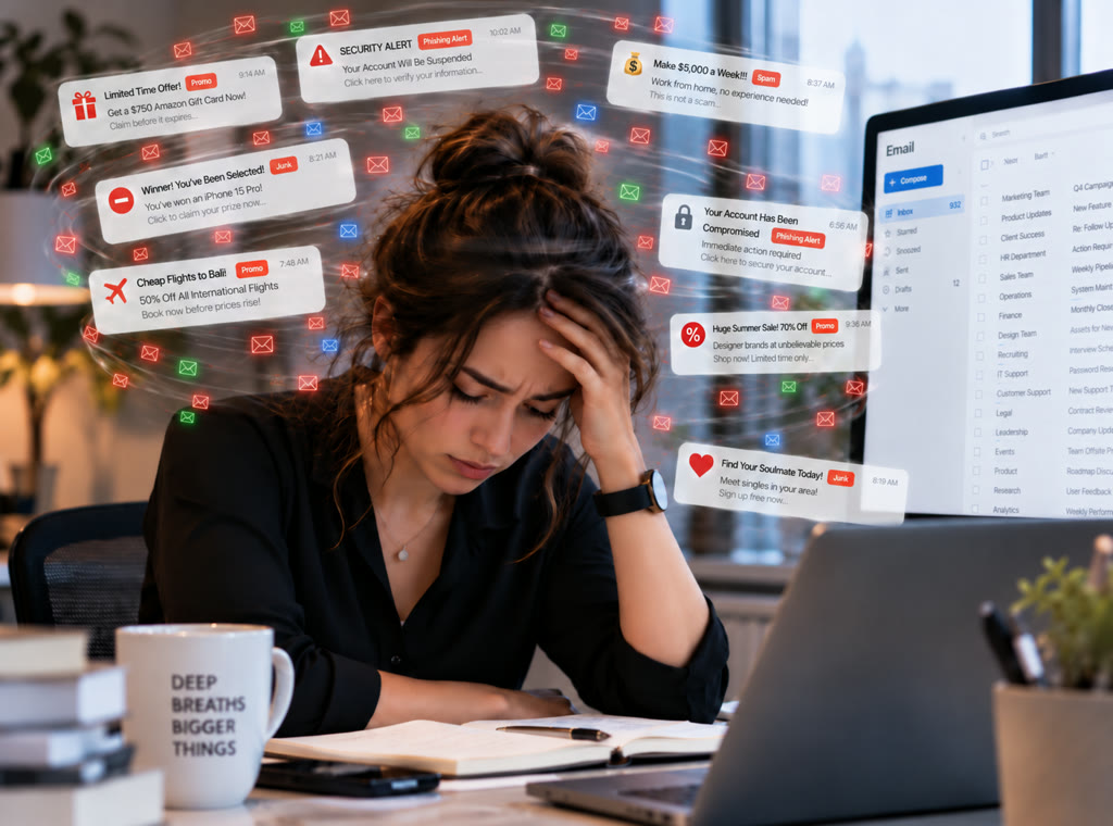 A stressed woman at her desk holds her head while spam, phishing alerts and promotional emails swirl around her, next to a monitor showing an overloaded inbox.