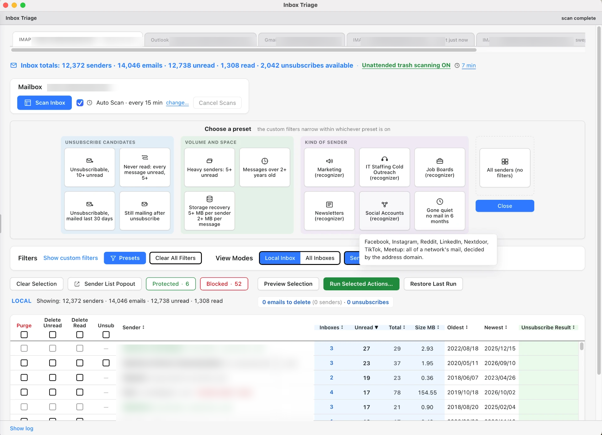 The Inbox Triage preset picker, showing preset cards grouped under Unsubscribe candidates, Volume and space, and Kind of sender.