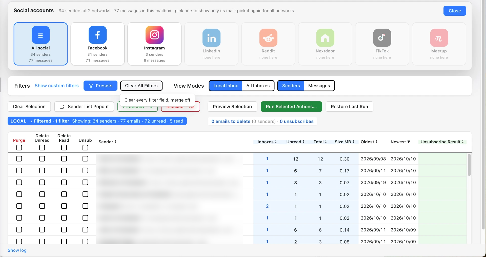 The Social accounts preset, showing mail grouped by network such as Facebook, Instagram, LinkedIn, Reddit, Nextdoor, TikTok and Meetup.