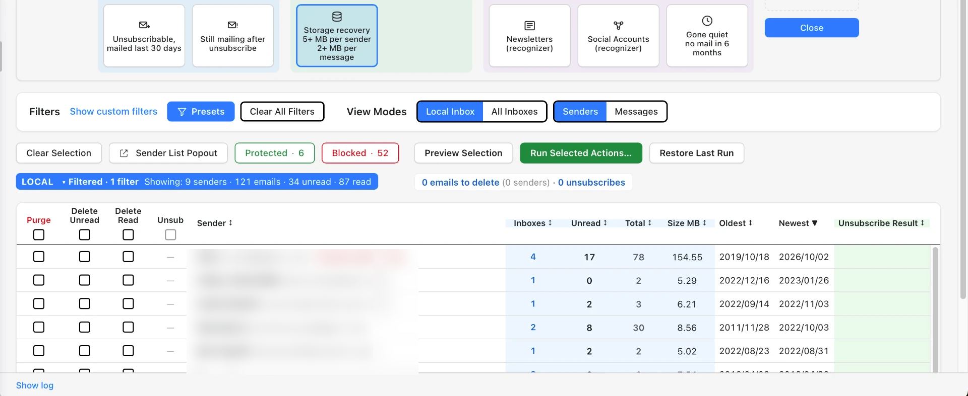 The Storage recovery preset selected, filtering the sender list down to the few senders using the most space.